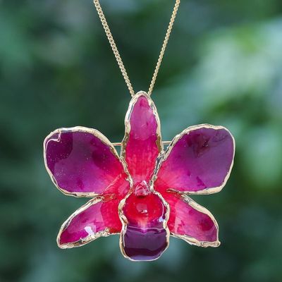 Alternate image for Gold-Plated Orchid Petal Pendant Necklace and Brooch Orchid Magic in Red