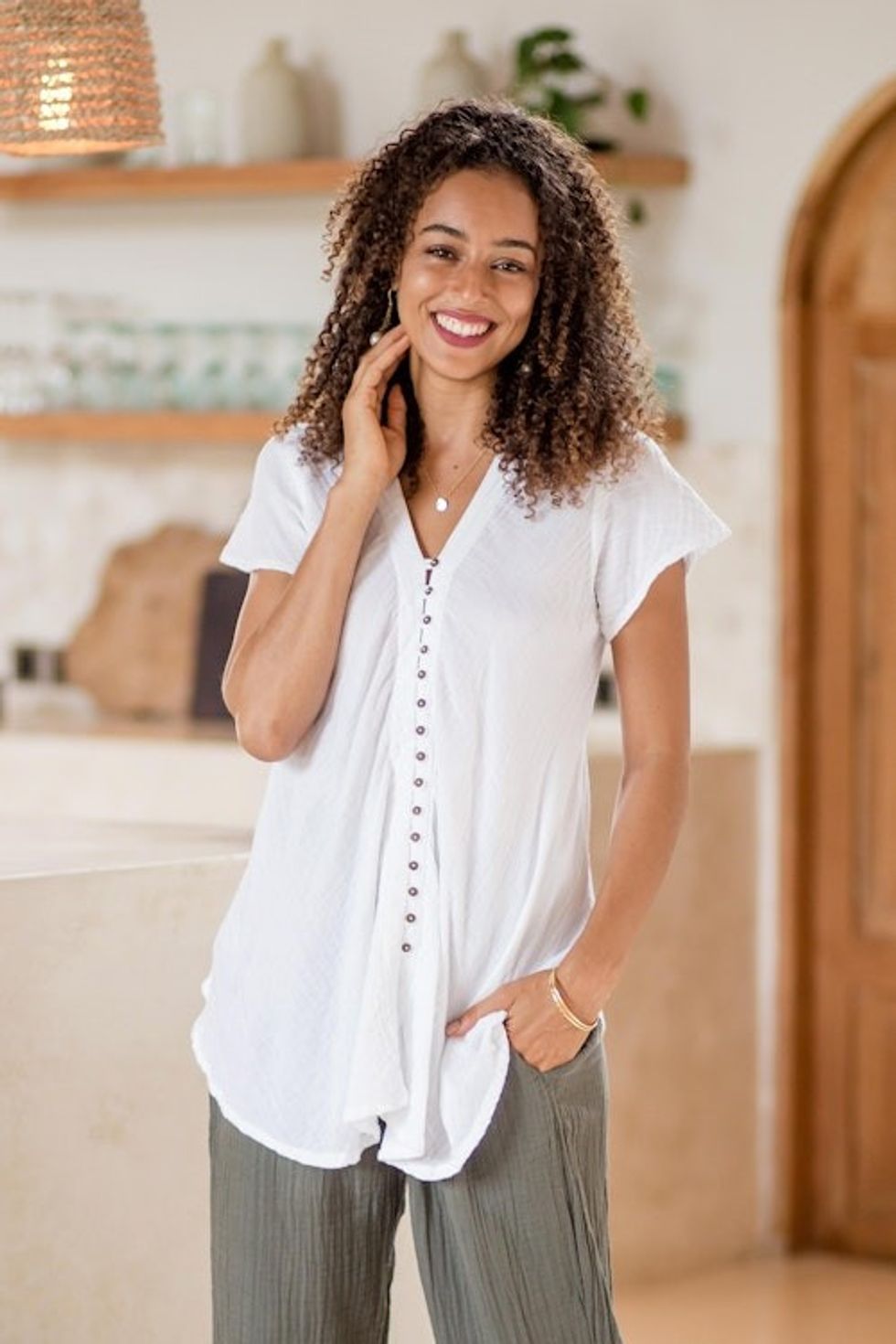 Buttoned Cotton Gauze Blouse with Short Sleeves 'White Flair'