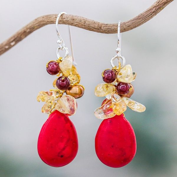 Alternate image for Multi-Gemstone Red Calcite Dangle Earrings from Thailand Camellia Drops