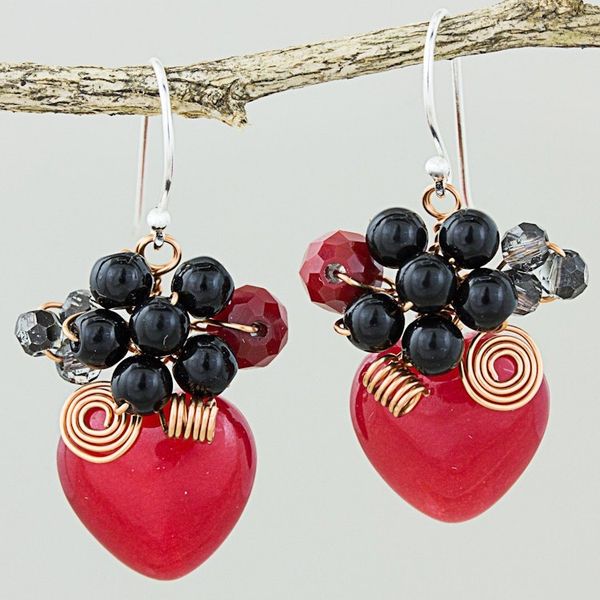 Alternate image for Heart Shaped Red Quartz Onyx and Glass Bead Dangle Earrings Love Garden in Red