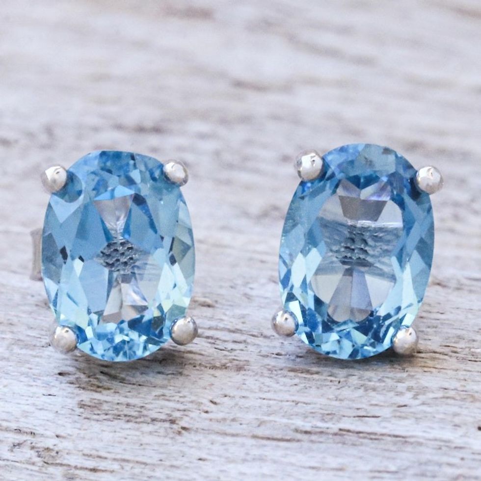 Faceted Blue Topaz Stud Earrings from Thailand 'London Ovals'