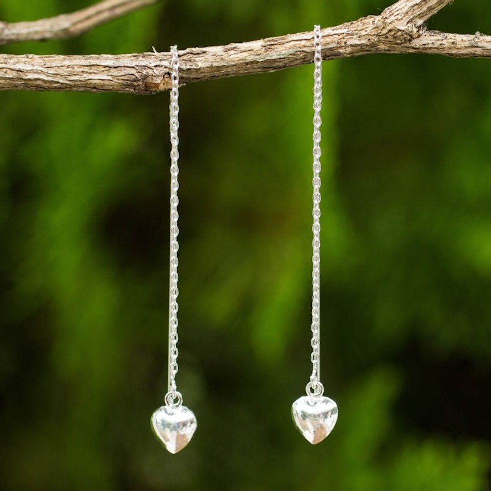 Sterling Silver Dangle Threader Earrings with Hearts 'Chain of Love'