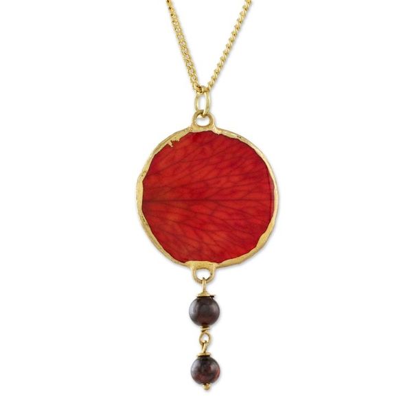 Alternate image for Garnet and Gold Plated Natural Rose Petal Pendant Necklace Autumn Red Rose