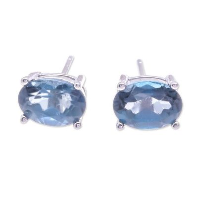 Alternate image for Faceted Blue Topaz Stud Earrings from Thailand London Ovals