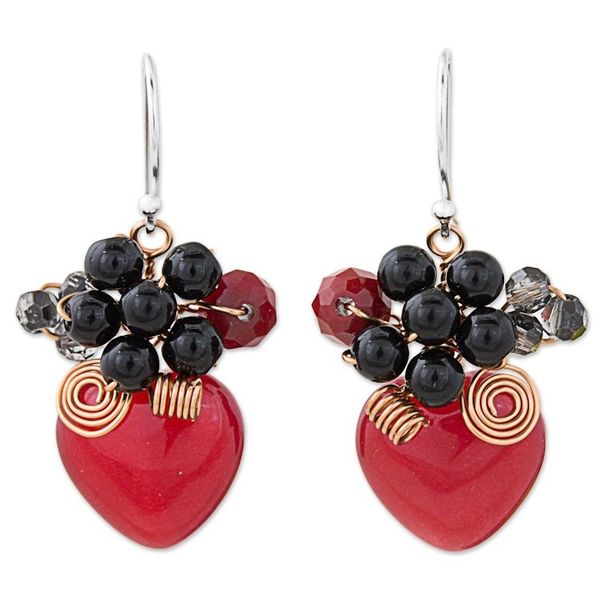 Alternate image for Heart Shaped Red Quartz Onyx and Glass Bead Dangle Earrings Love Garden in Red