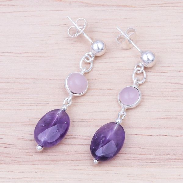 Alternate image for Rose Quartz and Faceted Amethyst Post Dangle Earrings Lilac Season
