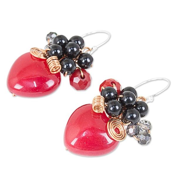 Alternate image for Heart Shaped Red Quartz Onyx and Glass Bead Dangle Earrings Love Garden in Red