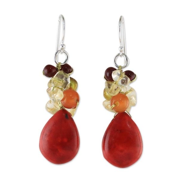 Alternate image for Multi-Gemstone Red Calcite Dangle Earrings from Thailand Camellia Drops
