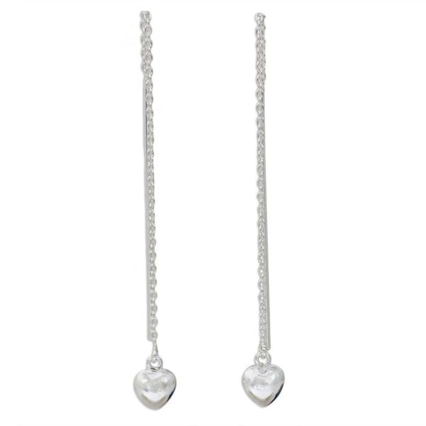 Alternate image for Sterling Silver Dangle Threader Earrings with Hearts Chain of Love