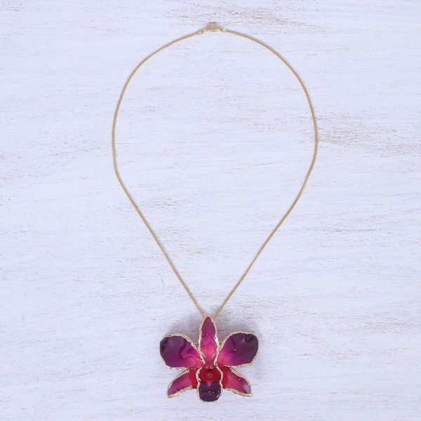 Alternate image for Gold-Plated Orchid Petal Pendant Necklace and Brooch Orchid Magic in Red