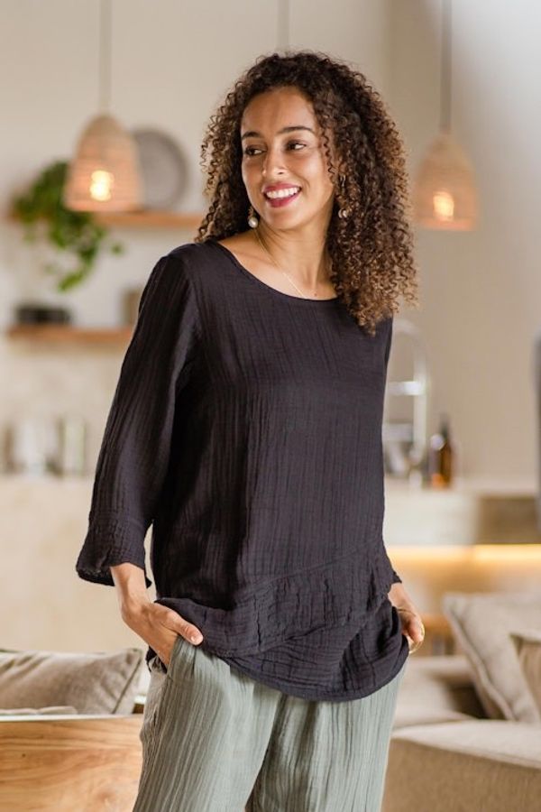 Alternate image for Black Cotton Gauze Blouse from Thailand Black Ruffles