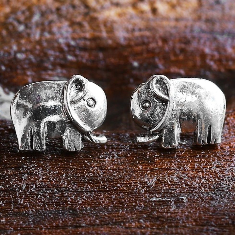 Sterling Silver Stud Earrings Elephant Shape from Thailand 'Little Elephants'