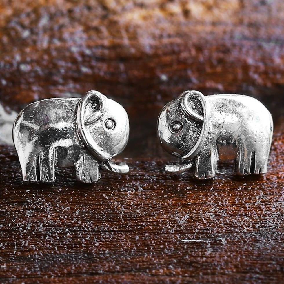 Sterling Silver Stud Earrings Elephant Shape from Thailand 'Little Elephants'