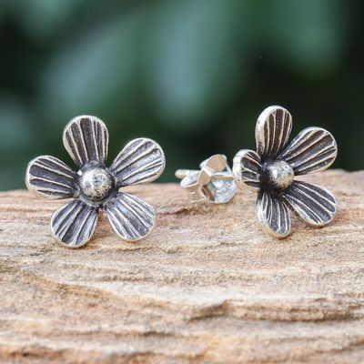 Alternate image for Hand Crafted Sterling Silver Floral Button Earrings Striped Flowers