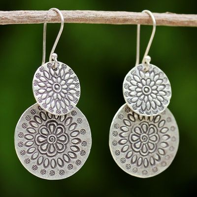 Alternate image for Handmade Karen Silver Dangle Earrings from Thailand Karen Sunflowers