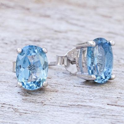 Alternate image for Faceted Blue Topaz Stud Earrings from Thailand London Ovals