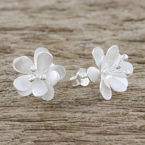 Alternate image for Flower-Shaped Sterling Silver Button Earrings from Thailand Fantastic Blossoms