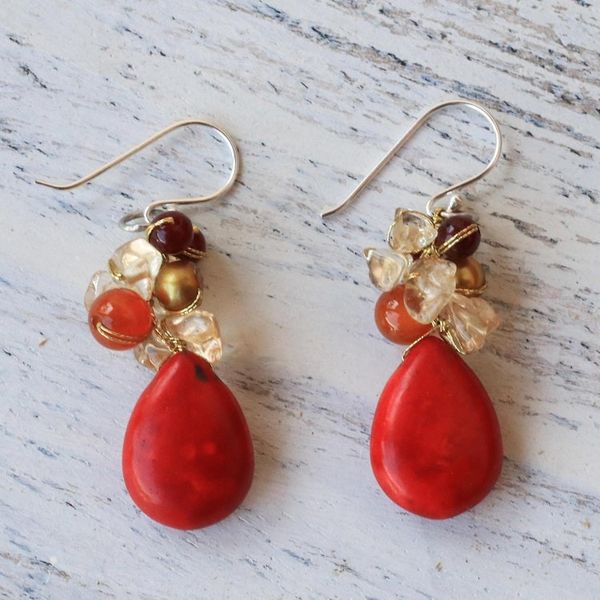 Alternate image for Multi-Gemstone Red Calcite Dangle Earrings from Thailand Camellia Drops