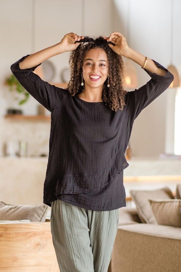 Alternate image for Black Cotton Gauze Blouse from Thailand Black Ruffles