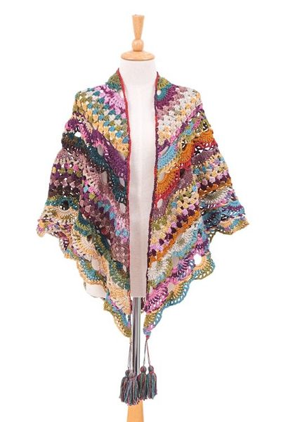 Alternate image for Handcrafted Colorful Crocheted Acrylic Capelet with Tassels Multicolor Feelings