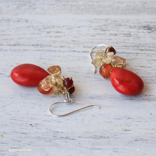 Alternate image for Multi-Gemstone Red Calcite Dangle Earrings from Thailand Camellia Drops