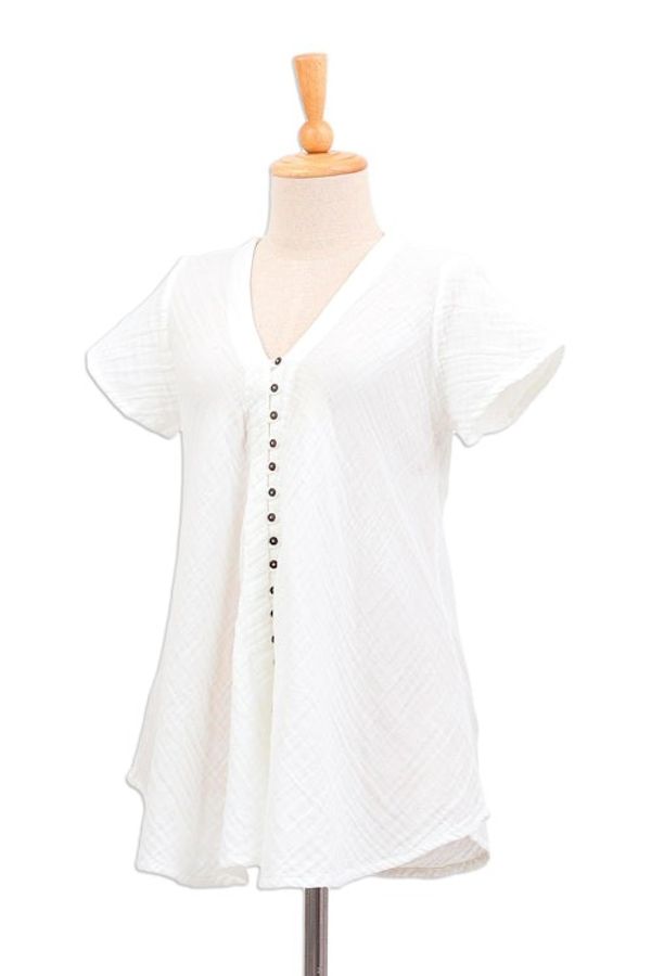 Alternate image for Buttoned Cotton Gauze Blouse with Short Sleeves White Flair