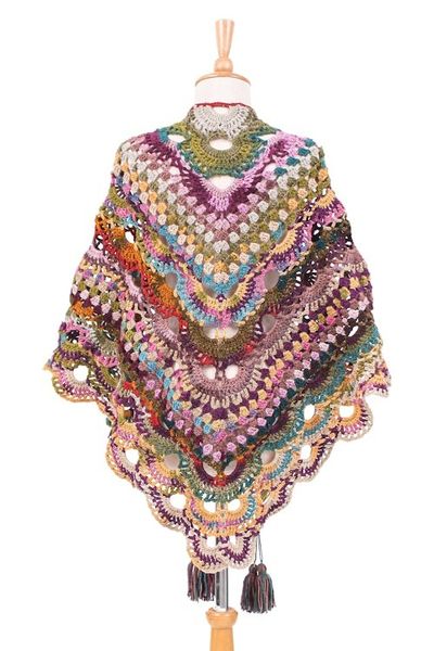 Alternate image for Handcrafted Colorful Crocheted Acrylic Capelet with Tassels Multicolor Feelings