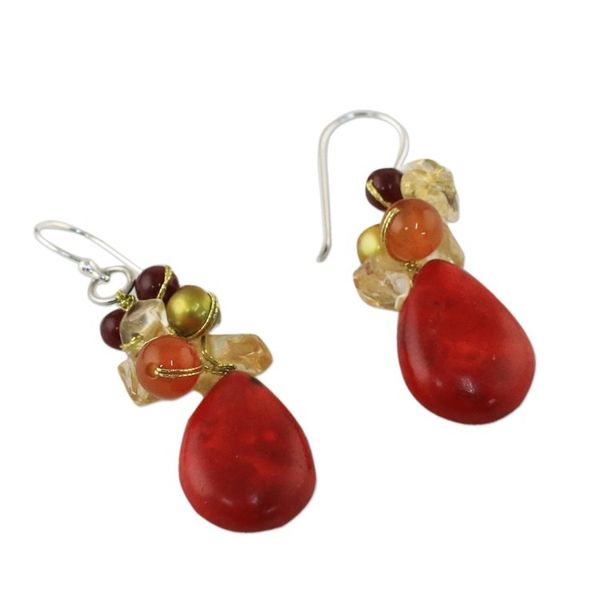 Alternate image for Multi-Gemstone Red Calcite Dangle Earrings from Thailand Camellia Drops