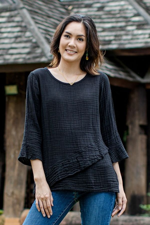 Alternate image for Black Cotton Gauze Blouse from Thailand Black Ruffles