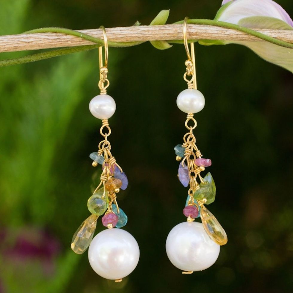 Pearls and Gemstones on 24k Gold Plated Hook Earrings 'Rainbow Waterfall'
