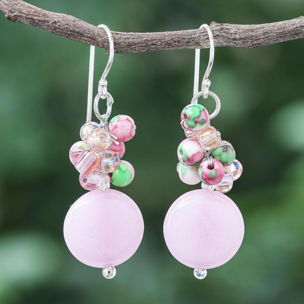 Handmade Quartz and Agate Dangle Earrings from Thailand 'Fun Circles in Pink'