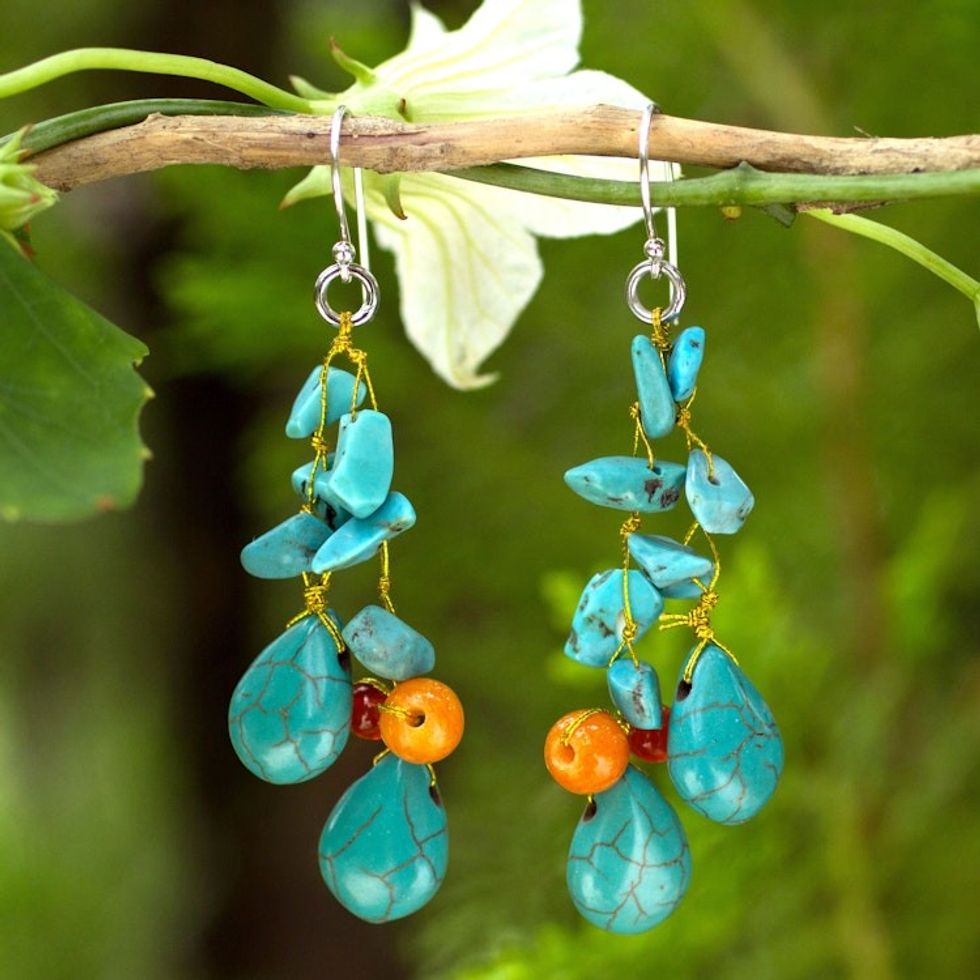 Unique Turquoise Colored Handcrafted Earrings with Carnelian 'Tropical Sea'