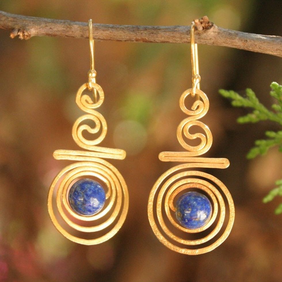 Hand Crafted Lapis Lazuli and 24k Gold Plated Brass Earrings 'Follow the Dream'