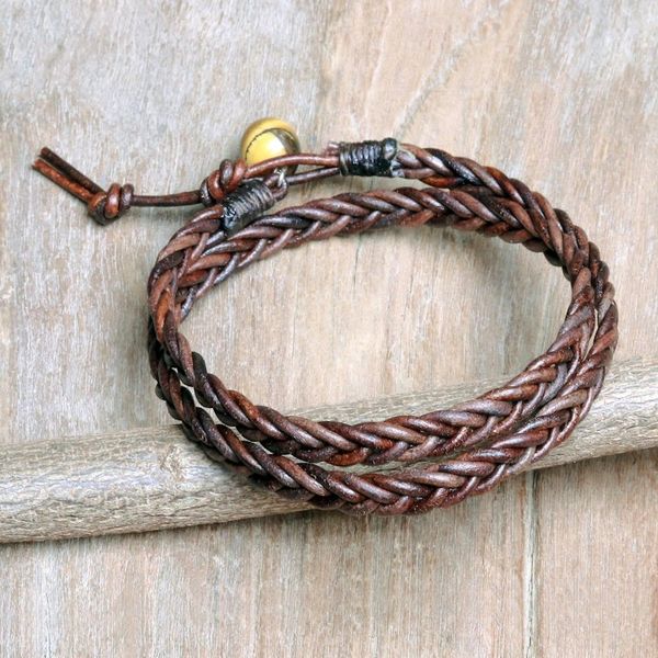 Alternate image for Mens Hand Braided Brown Leather Wrap Bracelet Double Cinnamon