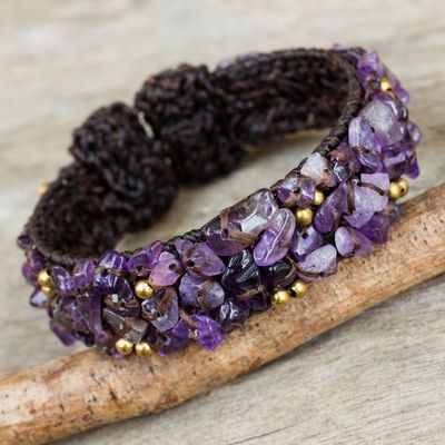 Alternate image for Brown Crocheted Cuff Bracelet with Amethyst Beading Violet Twilight