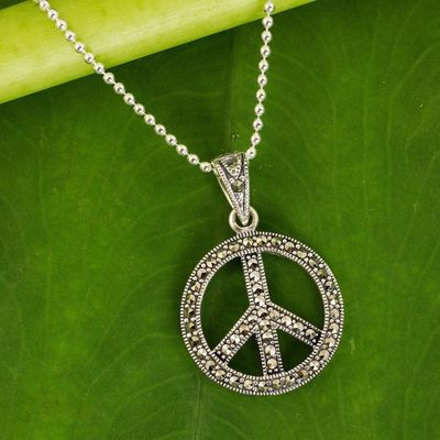 Alternate image for Sterling Silver 925 and Marcasite Peace Sign Necklace The Peace Sign