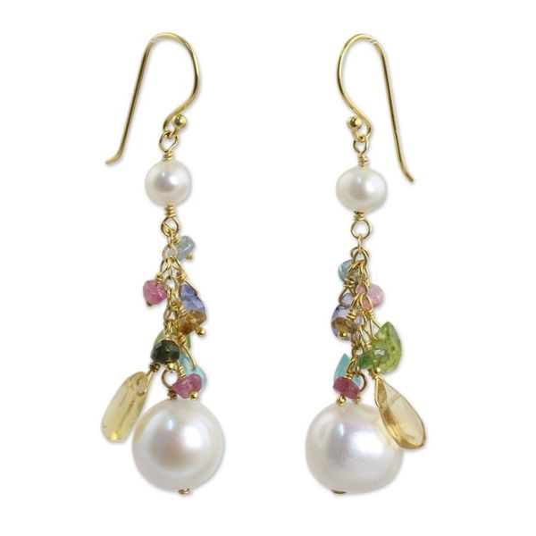 Alternate image for Pearls and Gemstones on 24k Gold Plated Hook Earrings Rainbow Waterfall