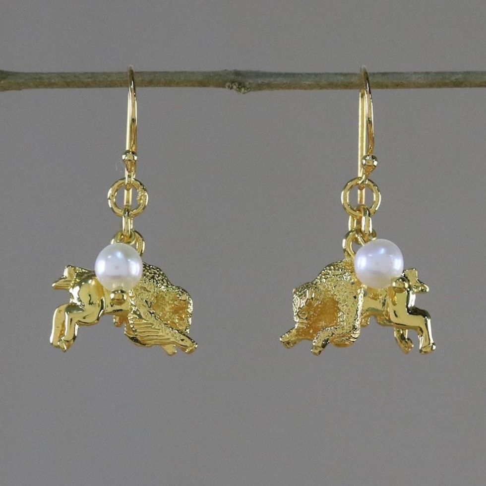 Gold Plated Cultured Pearl Taurus Earrings from Thailand 'Radiant Taurus'