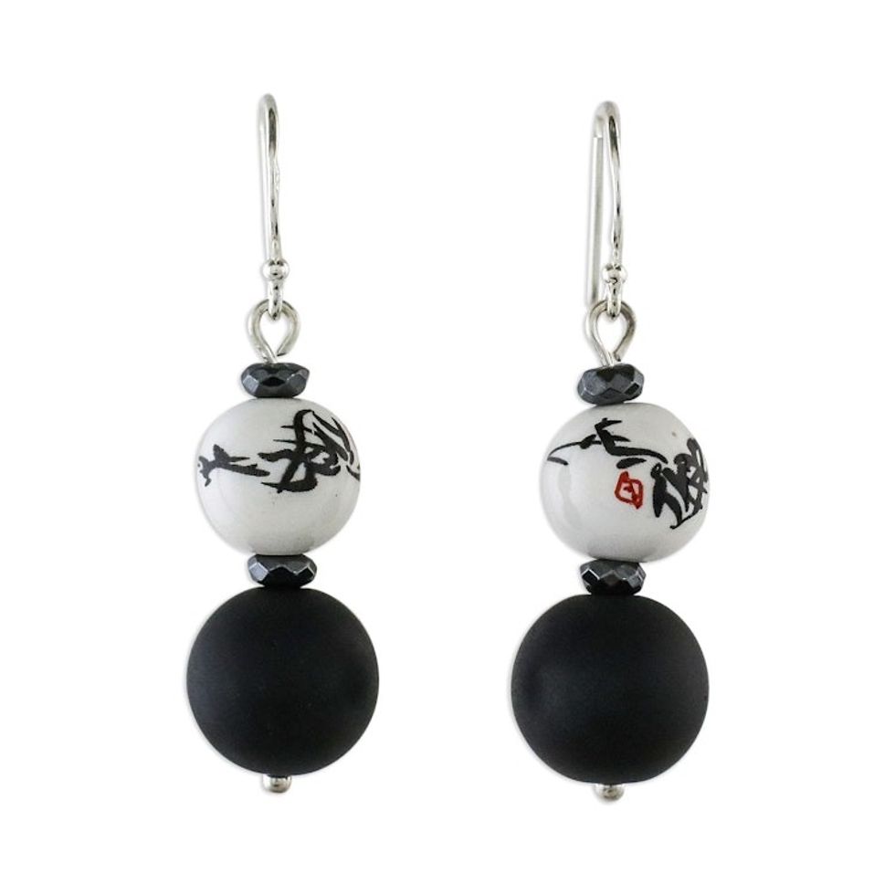 Artisan Handmade Onyx Hematite 925 Sterling Silver Earrings 'Night Lotus'