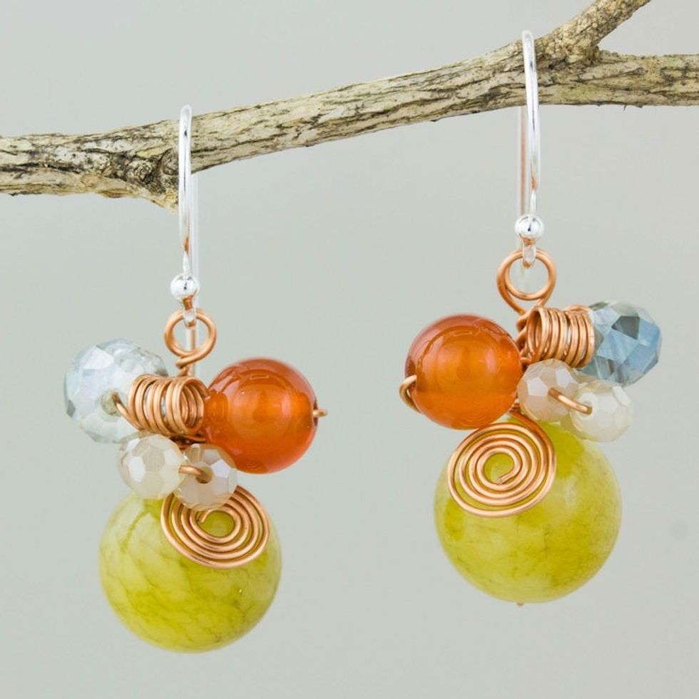 Green Quartz and Carnelian Dangle Earrings with Copper 'Citron Bubbles'