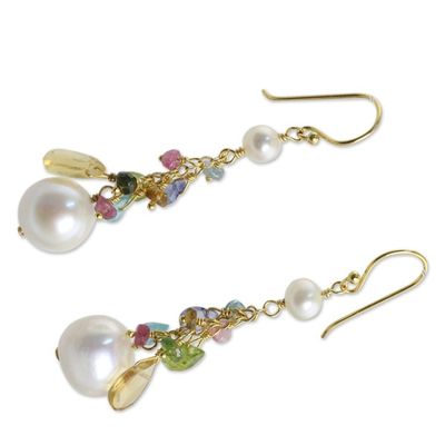 Alternate image for Pearls and Gemstones on 24k Gold Plated Hook Earrings Rainbow Waterfall
