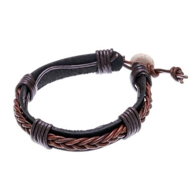 Alternate image for Leather Wristband Bracelet with Braided Accent in Brown Perfect Style in Dark Brown