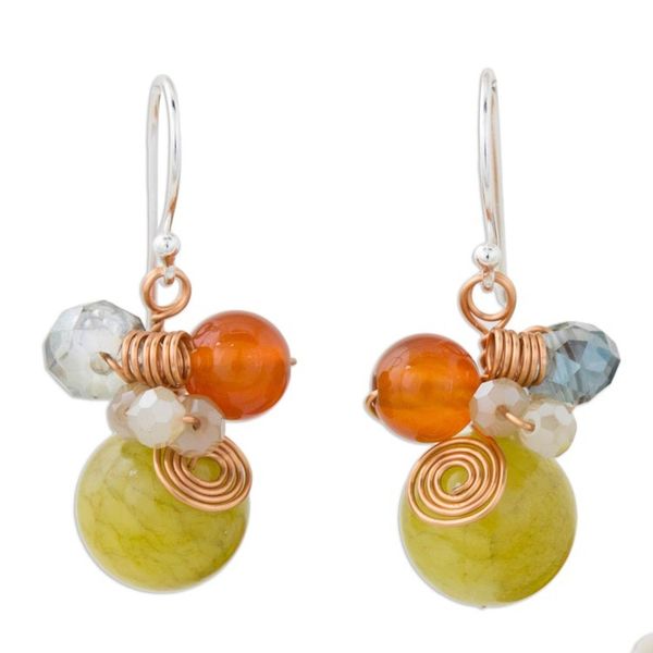 Alternate image for Green Quartz and Carnelian Dangle Earrings with Copper Citron Bubbles