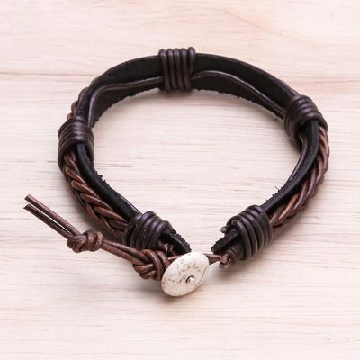 Alternate image for Leather Wristband Bracelet with Braided Accent in Brown Perfect Style in Dark Brown