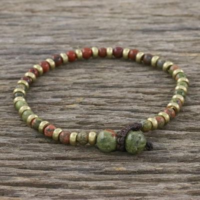 Alternate image for Unakite Red Jasper Brass Beaded Adjustable Bracelet Mystic Field