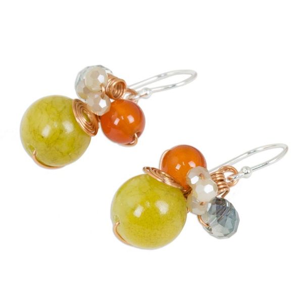 Alternate image for Green Quartz and Carnelian Dangle Earrings with Copper Citron Bubbles