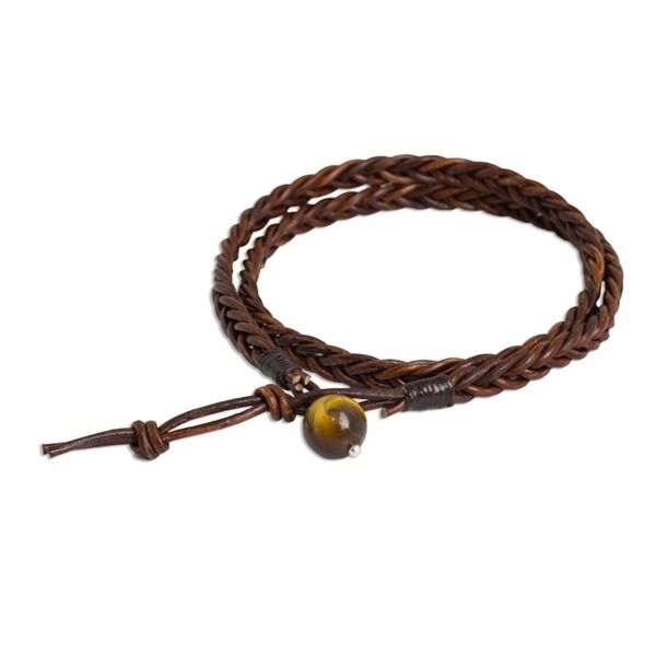 Alternate image for Mens Hand Braided Brown Leather Wrap Bracelet Double Cinnamon