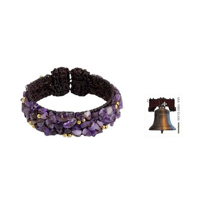 Alternate image for Brown Crocheted Cuff Bracelet with Amethyst Beading Violet Twilight