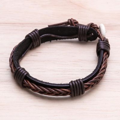 Alternate image for Leather Wristband Bracelet with Braided Accent in Brown Perfect Style in Dark Brown