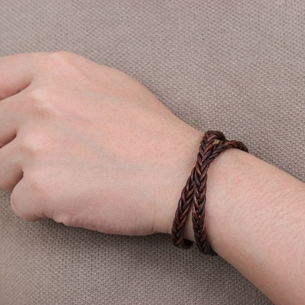 Alternate image for Mens Hand Braided Brown Leather Wrap Bracelet Double Cinnamon